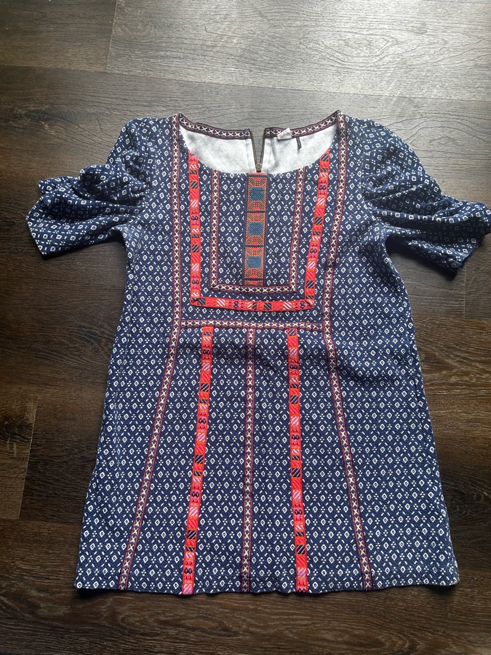 Embroidered Navy Blue Casual Tunic Top with Red Accents